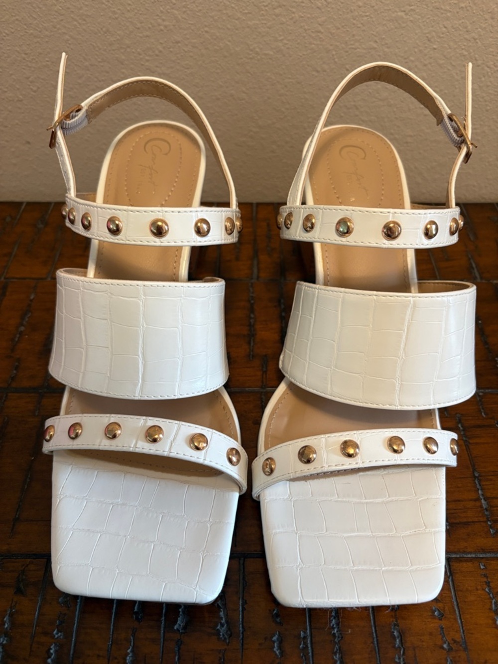 Cato White Croc-Embossed Studded Block Heel Sandals - Picture 5 of 9